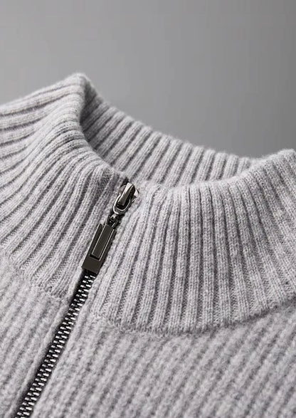 The Rocco Ribbed Full-Zip Cardigan - Light Grey