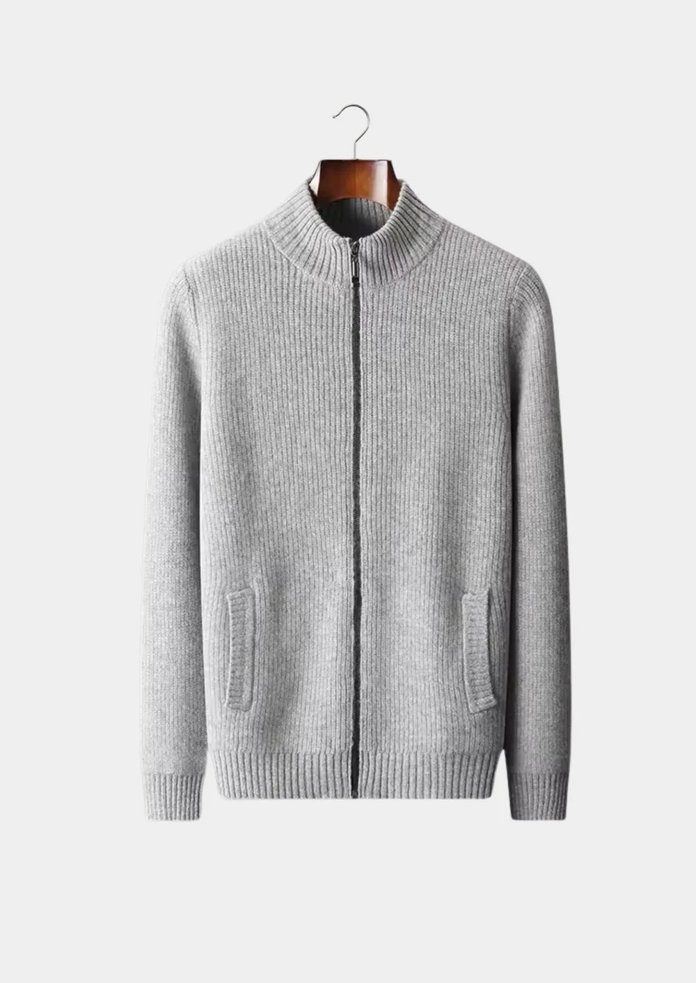 The Rocco Ribbed Full-Zip Cardigan - Light Grey
